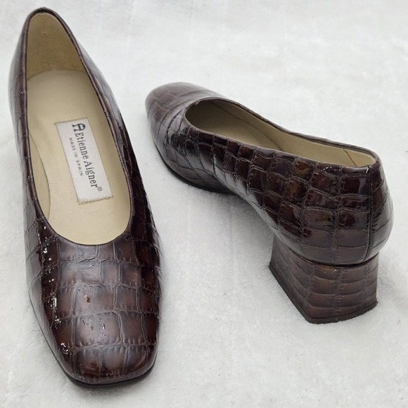 Etienne Aigner Sz 6.5 Sarah Pump‎ Croc Embossed Leather Made in Spain Block Heel - Picture 10 of 11